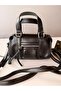 Women's Black Leather Look Zippered Strap Hand and Shoulder Bag - 2