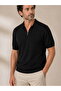 Half Zipper Premium Black Polo Collar Knitwear T-Shirt - Cotton & Tencel