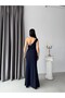 Navy Blue One-Shoulder Stone Embellished Flounce Evening Dress - 7