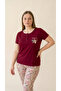Burgundy Lace Collar Detailed Viscose Short Sleeve Plus Size Pajama Set - 3