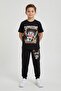 Black Character Printed Crew Neck T-Shirt and Sweatpants Set for Boys 23845 - 3