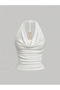 White Degaje Collar Halter Crop Blouse Metal Accessory Detailed Slim Fit Women's Blouse, Backless Sleeveless Blouse