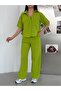 Women's Single Pocket Detailed Short Sleeve Shirt-Pants Linen Set