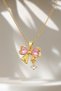 Women's Gold Color Bow Necklace with Pink Heart Stone and Zircon Detail, Stylish Minimal Gift - 5
