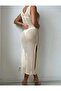 V-Neck 100% Cotton Openwork Pattern Zero Sleeve Slit Knitwear Long Beach Dress - 2