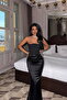 Black Velora Strapless Gathered Detailed Long Satin Dress Ate-4380 - 2