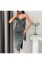 Silver Heart Collar Scarf Detailed Glittery Midi Evening Dress - 6