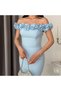 Baby Blue Boat Neck Floral Detailed Midi Evening Dress - 5