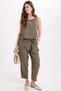 Women's Standard Fit Regular Cut Sleeveless Lycra Crew Neck Blouse Wide Leg Khaki Trousers Set - 5