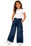 Girl's Wide Leg Jeans with Double Cargo Pockets and Chain Accessories in Navy Blue Color - 3