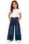 Girl's Wide Leg Jeans with Double Cargo Pockets and Chain Accessories in Navy Blue Color - 2