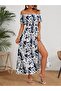Women's Off-The-Shoulder Madonna Collar Floral Pattern Slit Long Single Jersey Dress - 5