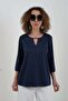 Navy blue collar cut out detailed mercerized combed cotton blouse - 3
