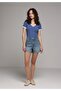 Slim Fit V-Neck Plain Women's Blue Short Sleeve T-Shirt - 3