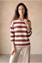 Women's Relaxed Fit Crew Neck Viscose / Elastane Long Sleeve Brown / Ecru Striped Off-Shoulder Blouse Wilda