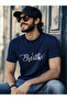 "Breathe" Printed 100% Cotton Navy Blue Minimalist T-Shirt - 4