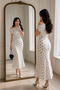 Women's Polka Dot Patterned Boat Neck Evening Dress