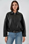 Women's Shirt Collar Belted Leather Look Black Jacket - 2