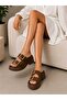 Wedge Heeled Double Buckle Detailed Leather Look Open Back Slippers Sandals - 2