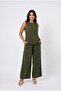 Women's Khaki Linen Textured Comfortable Cut Top and Bottom Set Hzl26S-Vl15141