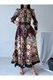 Atlas Fabric Full Buttoned Floral Dress (Belt Included)-Brown-2659 - 5