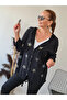 Women's Black Hooded Star Embroidered Pocketed Drawstring Cotton Linen Shirt Jacket