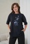 Women's Blue Floral Printed Navy Blue Round Neck T-Shirt Black Jogger Sweatpants Set - 2