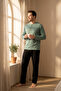 Men's Pajama Set Long Sleeve Buttoned Collar Pocketed Striped Bottom Compact Combed Cotton Home Wear Tracksuit Set