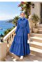 Women's Buttoned, Pocketed, Lace-Up Tencel Fabric Dark Blue Denim Dress - 2