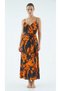 Women's Orange Floral Patterned Long Viscose Dress with Slit and Belt Detail - 2