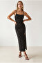 Women's Black Strappy Slit Polka Dot Polyamide Dress Elb-19002657 - 3