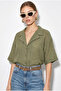 Women's Pistachio Green Self-Striped Open Collar Oversize Short Sleeve Shirt 60282055 - 3