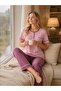 Women's Pink Polka Dot Patterned 100% Cotton Crew Neck 3 Button Chest Pocket Short Sleeve Pajama Set - 4