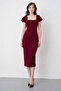 Burgundy Crepe Fabric Square Collar Slit Design Midi Pencil Dress 99157 - 4