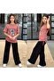 Stone-Patterned Ribbon-Decorated, Side-Drapped, T-Shirt with Wide-Lettered Print, Pleated Pants, Summer Girls' Set - 2