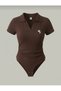 Embroidery Detailed Polo Collar Stretchy Ribbed Snap Fastener Women's Bodysuit