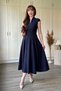 V-Neck Waist-Slit Flared Midi Diver Fabric Navy Blue Dress - 3