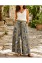 Khaki Color Blue-White Vintage Floral Patterned Italian Linen Trousers with Belt Detail - 4
