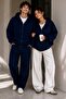 Unisex Oversize 3 Thread Raster Zippered Hoodie Sweatshirt My3535 - Navy Blue - 2