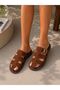 Brown Suede Gold Buckle Flat Sole Summer Comfortable Women's Slippers - 4