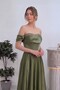 Women's Princess Model Off-Shoulder Corseted Stone Detailed Long Satin Dress Black, Pink, Red, Khaki, White, Beige, Baby Blue - 4