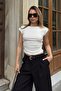 White Boat Neck Waist Draped Low Sleeve Women's Blouse - 3