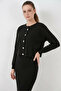 Women's Round Neck Buttoned Knitwear Black Double Set - 2