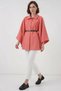 Women's Shirt Collar Belted Cotton Salmon Poncho - 3