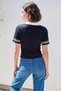 Women's Polo Collar Letter Appliqué Basic Striped Sleeve Detail Knitwear Black T-Shirt - 7