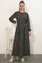 Women's Round Neck Belted Polka Dot Black Dress - 2
