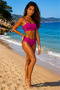 Women's Fuchsia Stripe Detailed Bikini Set, Bustier Swimsuit Set - 3
