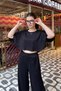 Set of 2 - Crew Neck Bat Sleeve Comfortable Fit Crop Blouse and Pleated Pants Modal Set