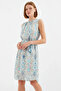 Women's Zero Sleeve Belted Patterned Chiffon Blue Dress - 5