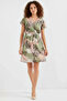 Women's V-Neck Belted Short Sleeve Patterned Chiffon Green Dress - 4